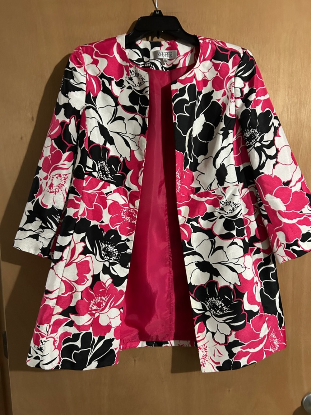Kasper Pink Black White Floral Open-Front Jacket
